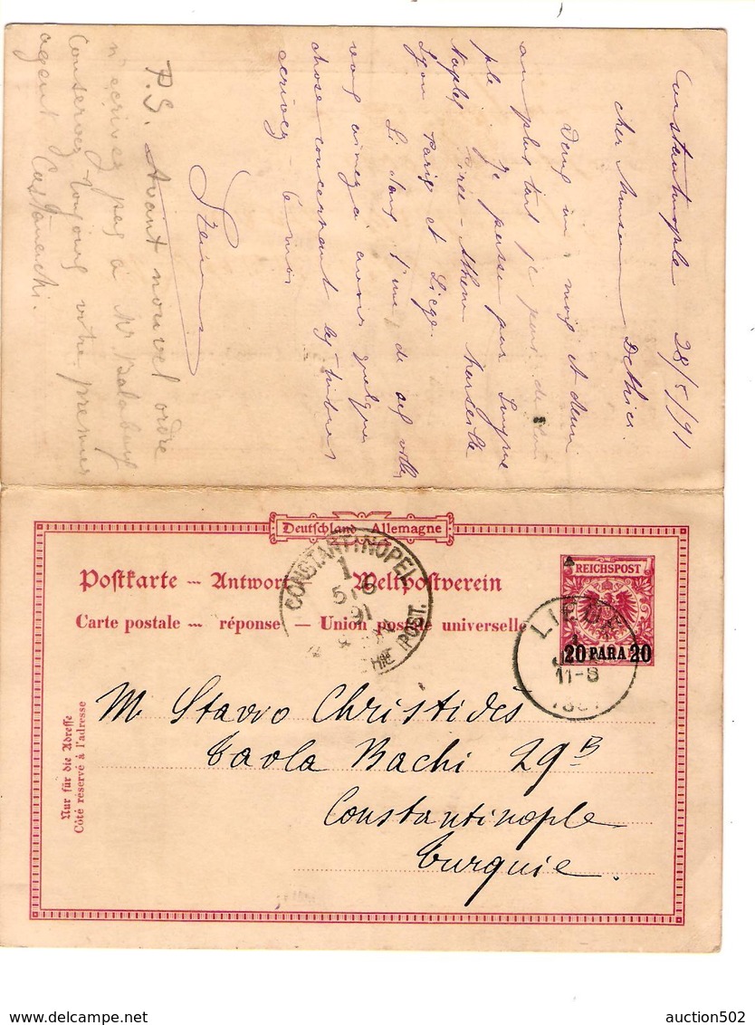 PR6501/ Deutschland Postkarte Antwort Constantinopel Deutsche Post 1891 N.Liège Belgien In Beide Richtungen Verwendet - Turquie (bureaux)