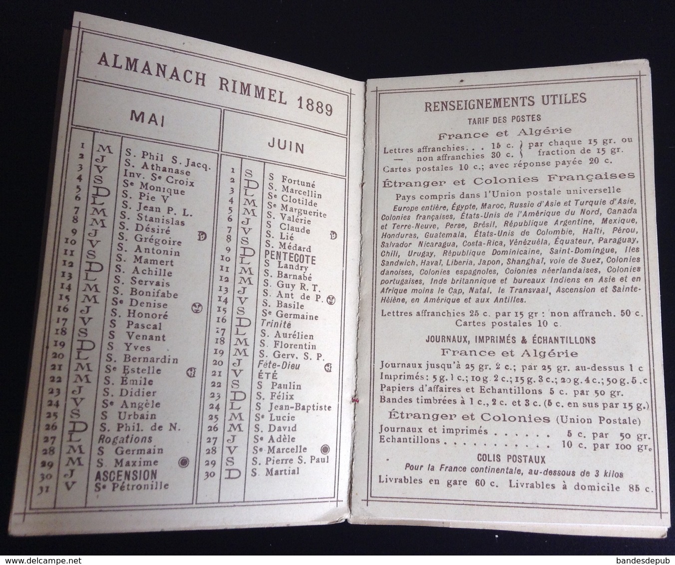 Parfum Rimmel ravissant almanach calendrier 1889 savants celebres Montgolfier Edison Faraday Davy Daguerre