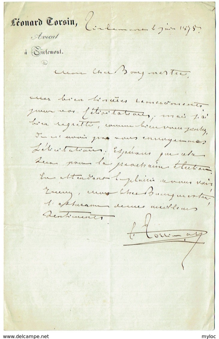 Politique. Lettre Autographe De L.Torsin Avocat à Son Bourgmestre, Tirlemont/Tienen 1878. - Historical Documents