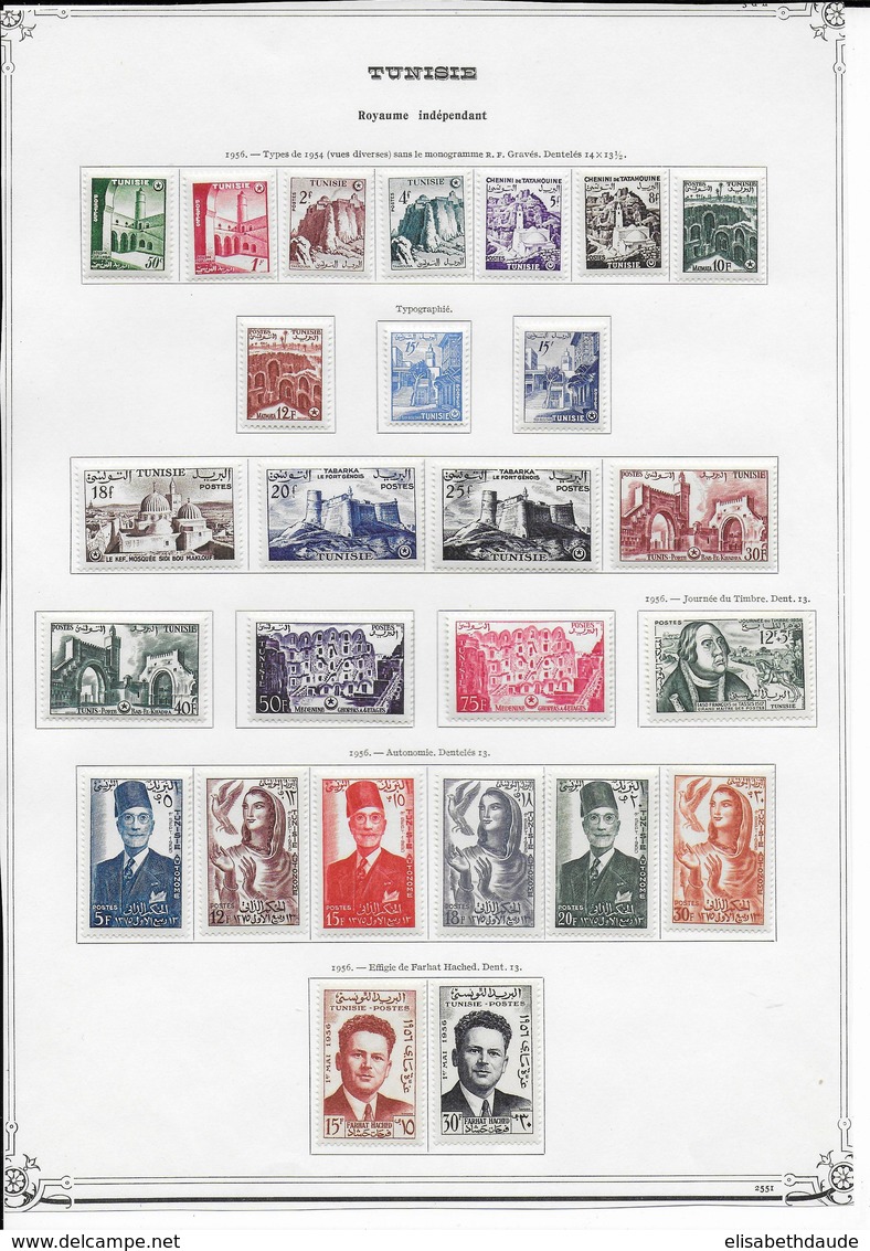 TUNISIE  - 1956/1979 - COLLECTION SUR 54 FEUILLES D'ALBUM + 2 PLAQUETTES * MHL COMPLETE SAUF BLOC N°16 - COTE = 910 EUR. - Tunisie (1956-...)