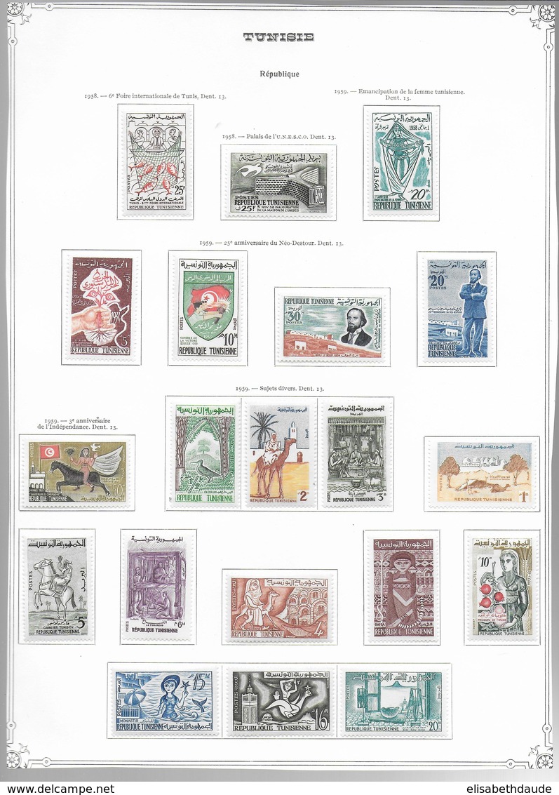 TUNISIE  - 1956/1979 - COLLECTION SUR 54 FEUILLES D'ALBUM + 2 PLAQUETTES * MHL COMPLETE SAUF BLOC N°16 - COTE = 910 EUR. - Tunisie (1956-...)