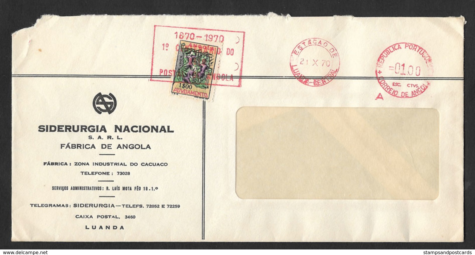 Angola Portugal EMA Cachet Rouge Luanda Centenaire Du Timbre Timbre Taxe 1970 Franking Meter Stamp Centennial Postal Tax - Angola