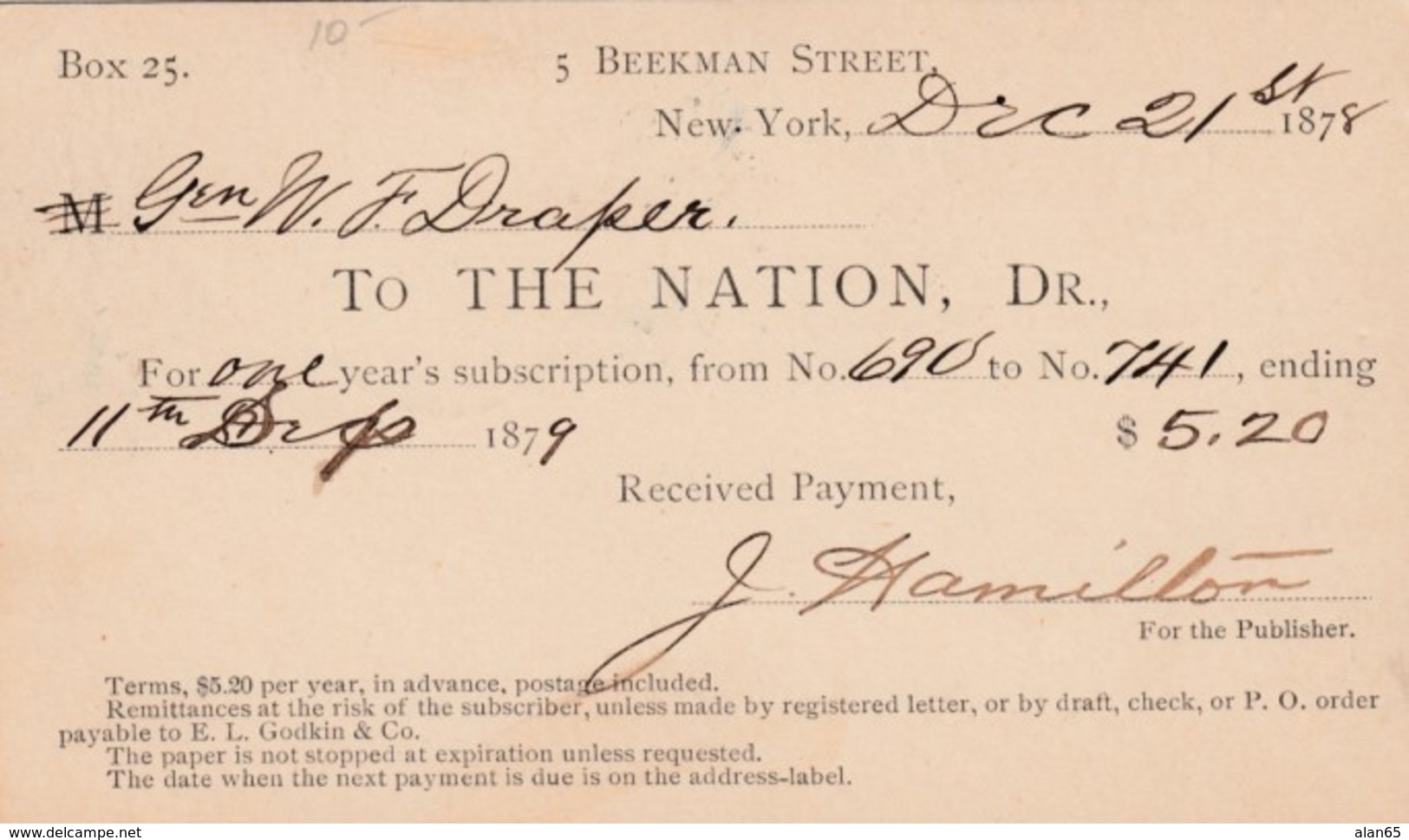 Sc#UX5, 1 Cent Postal Card, The Nation Magazine Subcription Receipt 1878 - ...-1900