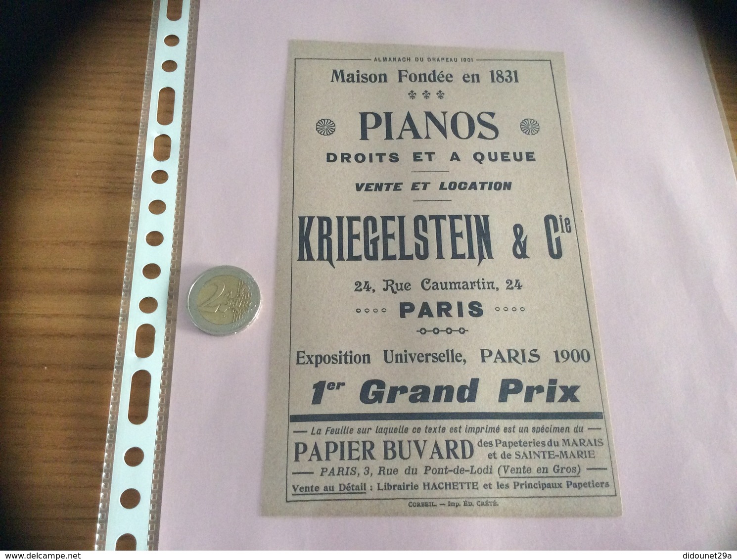 Buvard "KRIEGELSTEIN & Cie PARIS - PIANOS" (musique) - M