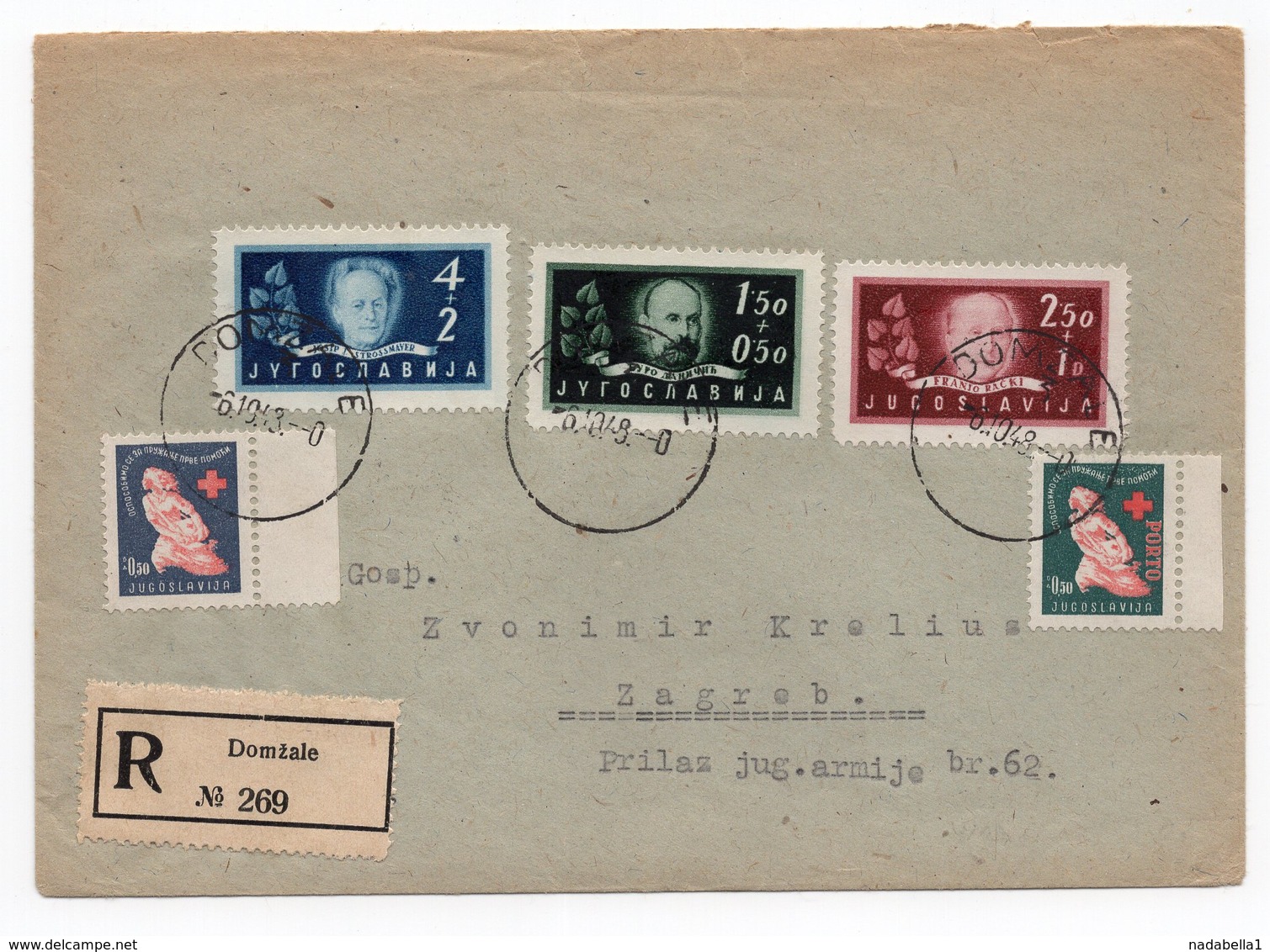 1948 YUGOSLAVIA, SLOVENIA, CROATIA, DOMZALE TO ZAGREB, REGISTERED MAIL, 2 RED CROSS STAMPS - Covers & Documents