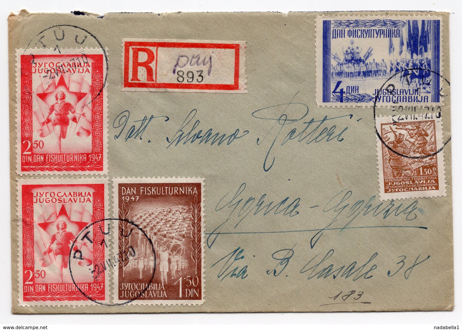 1947 YUGOSLAVIA, SLOVENIA, ITALY, PTUJ TO GORIZIA, REGISTERED LETTER - Covers & Documents