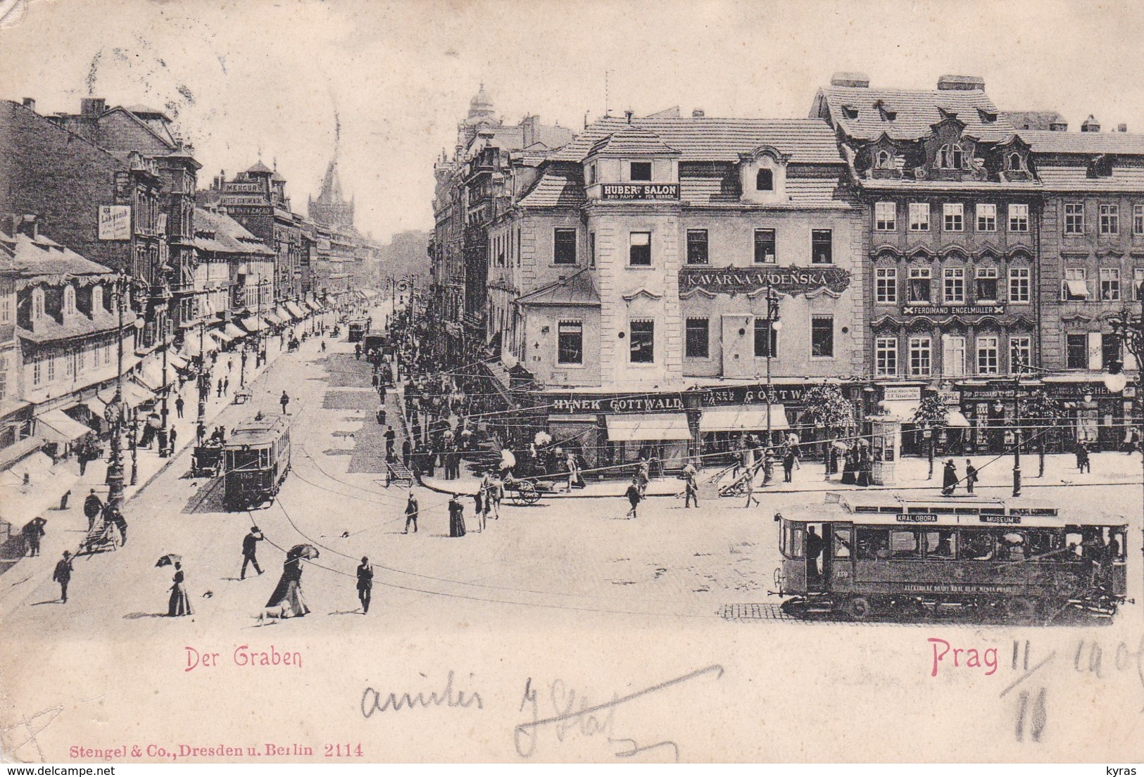 TCHEQUIE . PRAG . Der Graben ( Tramways Kral Obora-Museum+ N° 145, Hynek Gottwald,  Kawarna Vadenska,  F. Encelmuller - Tchéquie