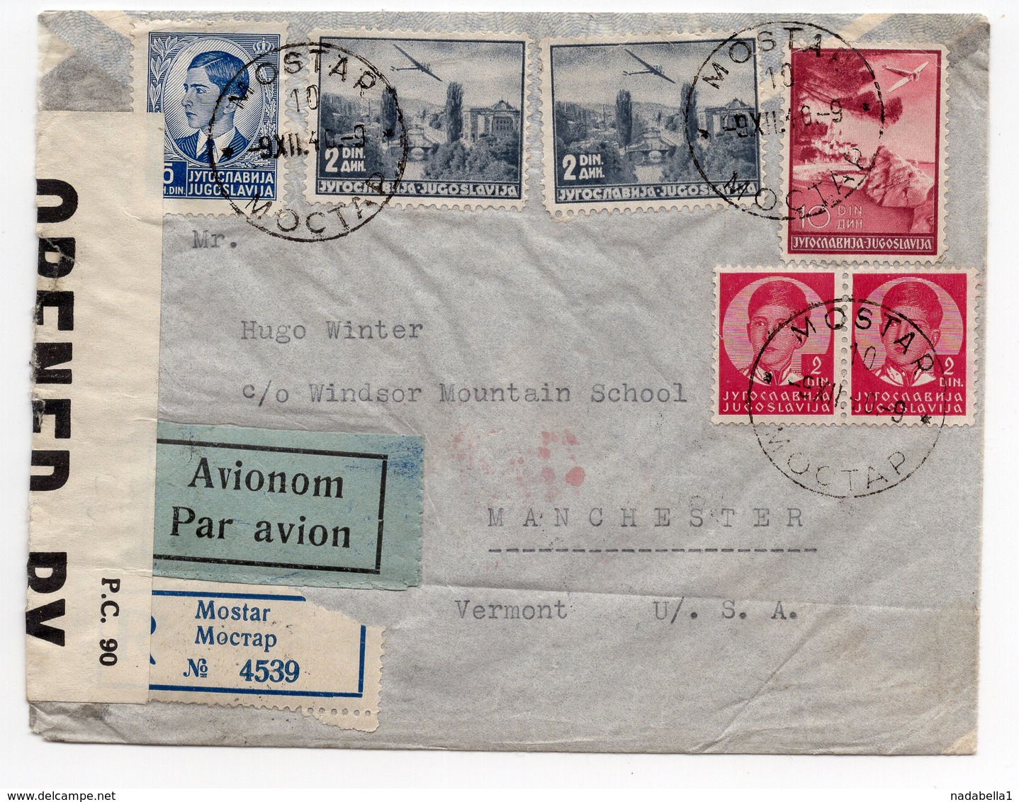 1940 YUGOSLAVIA, USA, BOSNIA, MOSTAR TO MANCHESTER - VERMONT, CENSORED BY USA, AIR MAIL REGISTERED, - Covers & Documents