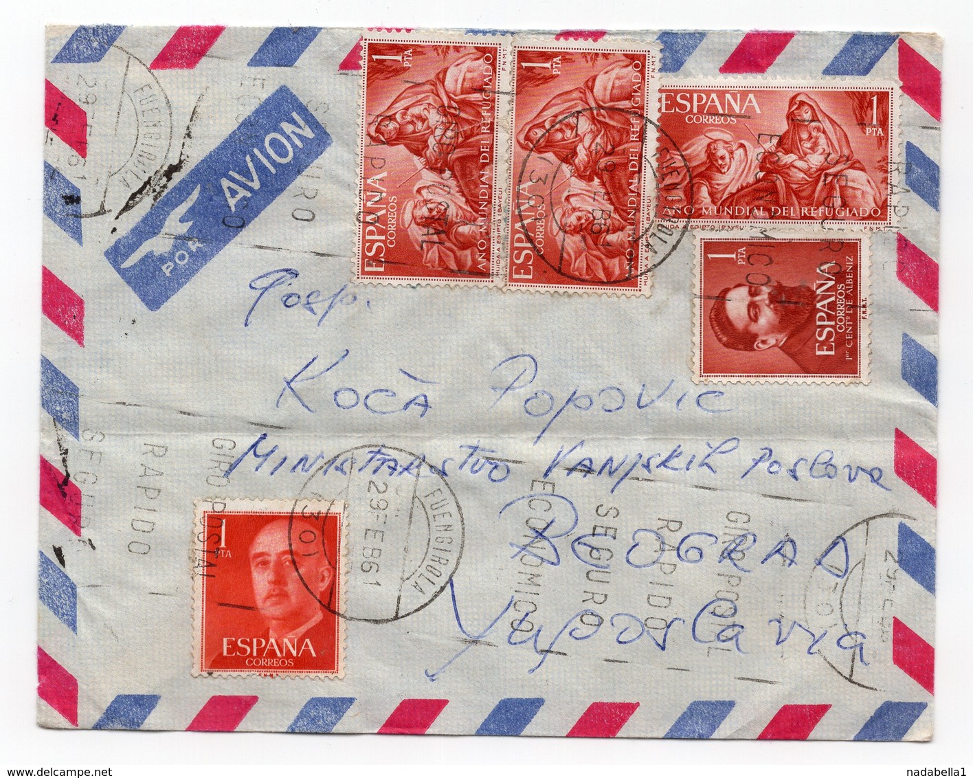 1961 SPAIN, YUGOSLAVIA, FUENGIROLA TO BELGRADE, TO YUGOSLAV FOREIGN MINISTER, AIR MAIL - Covers & Documents