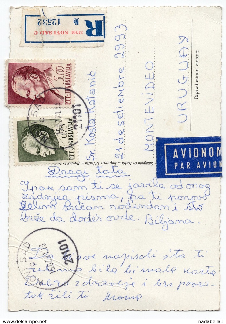 1971 YUGOSLAVIA, URUGUAY, NOVI SAD TO MONTEVIDEO, TITO, AIR MAIL, REGISTERED, ILLUSTRATED POSTCARD, USED - Yugoslavia