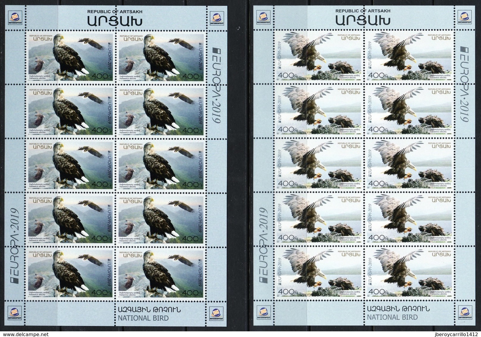 NAGORNO KARABAKH /ARMENIA  /ARTSAKH -EUROPA 2019 -NATIONAL BIRDS.-"AVES -BIRDS -VÖGEL -OISEAUX"- TWO SHEET Of 10 STAMPS - 2019