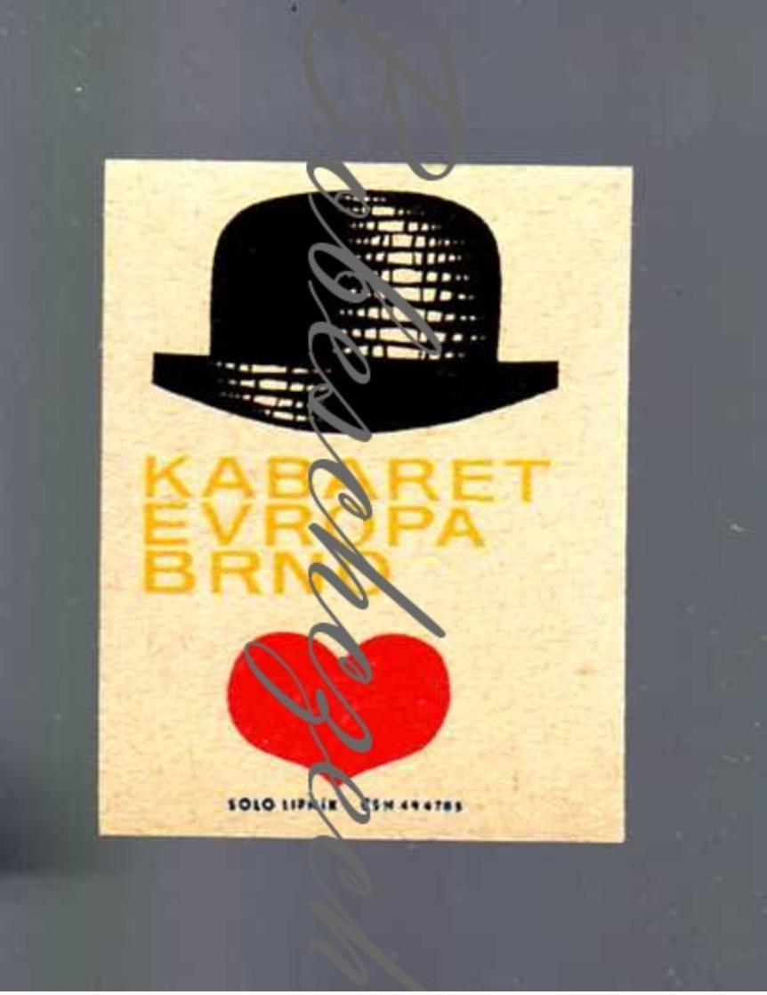 K6-67 CZECHOSLOVAKIA 1967  Hotel Restaurant, Cafe Brno - Cabaret Evropa Brno - Bowler Hat Billycock Bob Hat Bombín Heart - Zündholzschachteletiketten