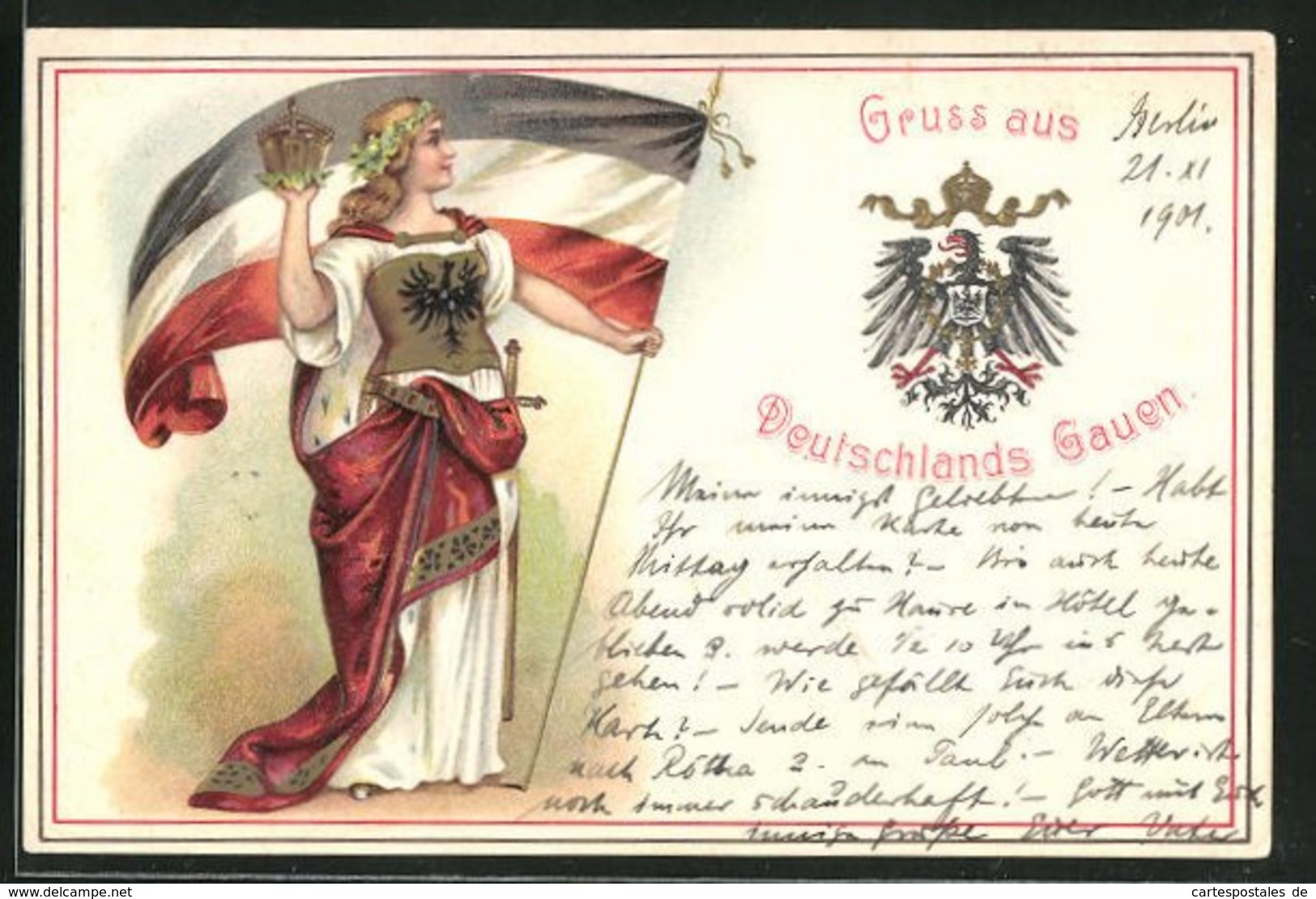 Präge-AK Germania Mit Fahne Und Krone, Adler Mit Wappen - War 1914-18