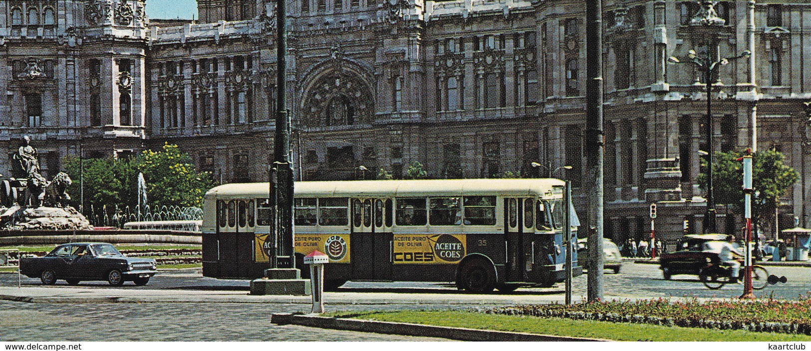 Madrid: OPEL REKORD A COUPÉ,  PEGASO 5022 AUTOBUS AUTOCAR - Cibeles Y Palacio De Comunicaciones - Turismo