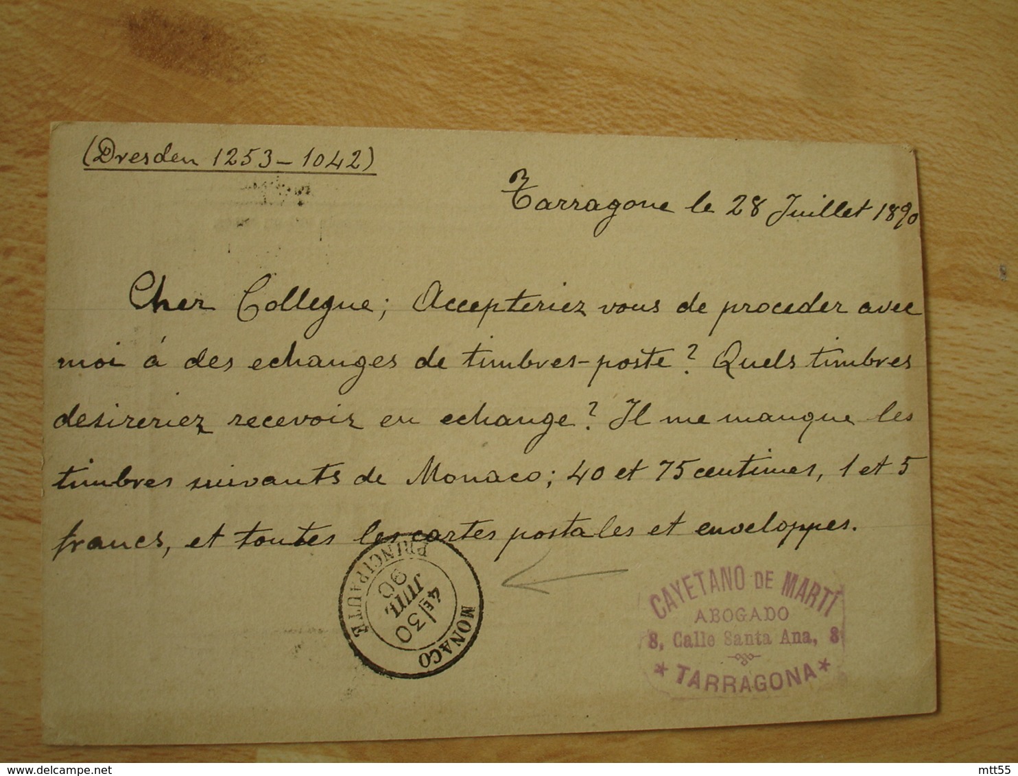 Monaco Principaute 1890 Cachet Arrivee Sur Entier Postal Stationery Cover Espagne - Lettres & Documents