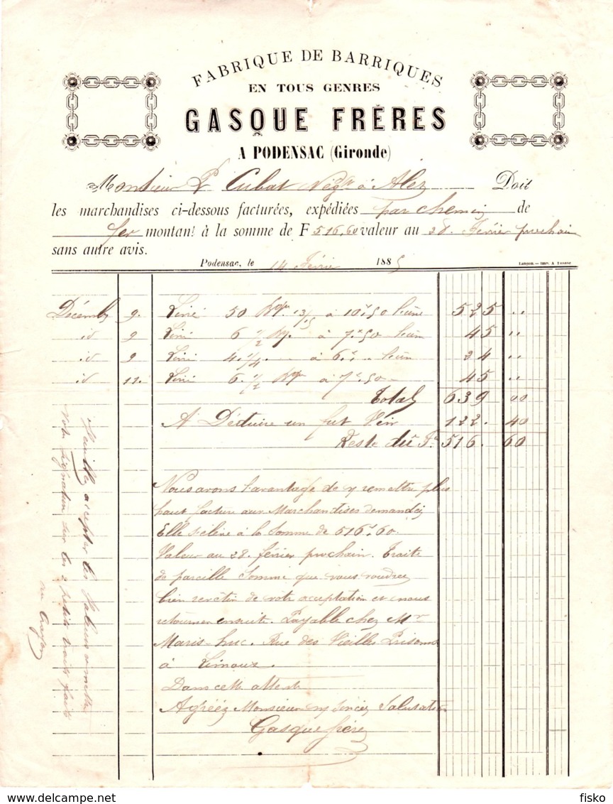 1885  GASQUE  Fabrique De Barriques  PODENSAC (33) - 1800 – 1899