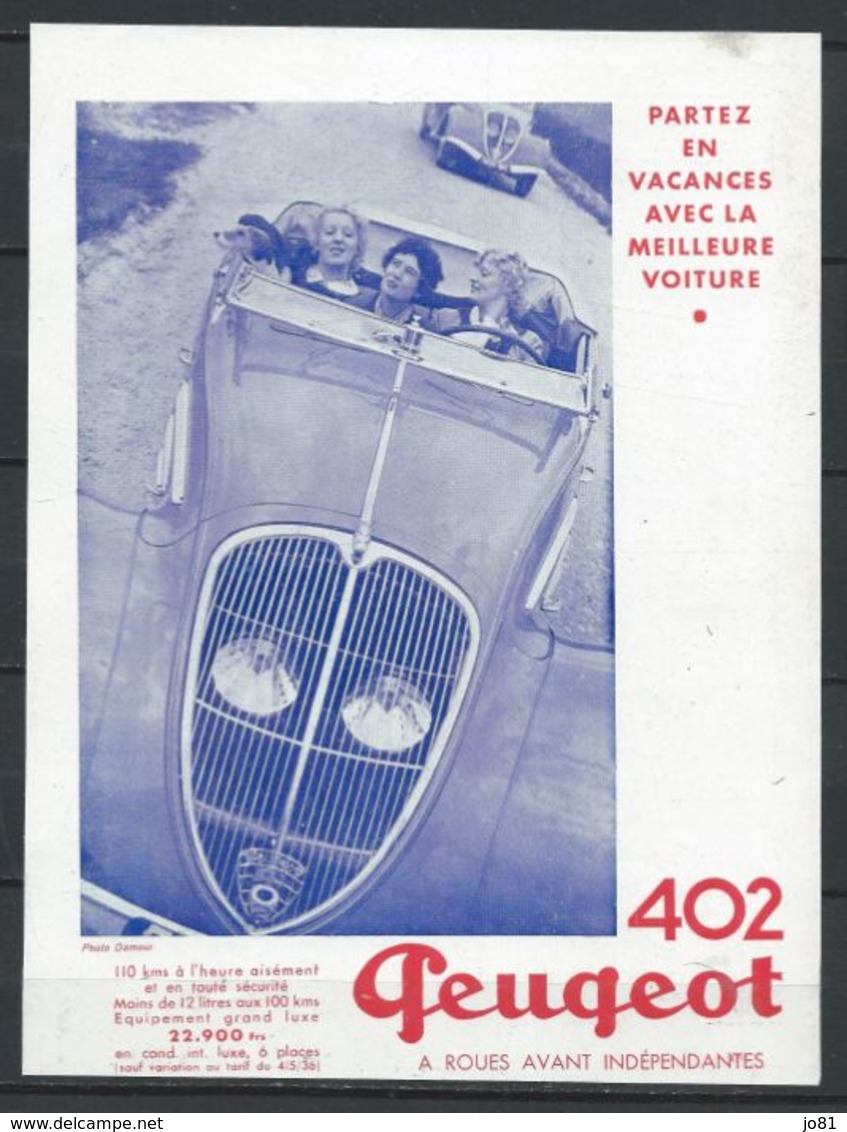 Publicité Peugeot - 402 Partez En Vacances - Document D'époque Issu D'une Revue Taille Entre A4 Et A5 - Advertising