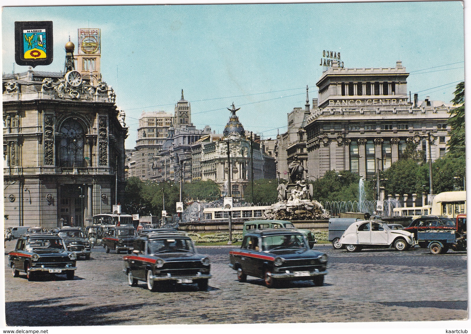 Madrid: SEAT 1400 C TAXI'S, CITROËN 2CV, AZU, AUSTIN A40 COUTRYMAN - 'PHILIPS' NEON - Cibeles Y Edificio Del Fenix - Toerisme