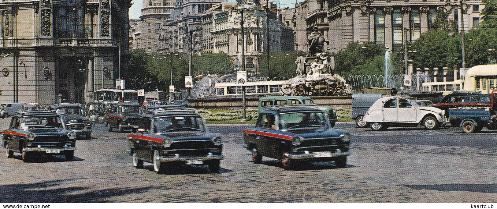 Madrid: SEAT 1400 C TAXI'S, CITROËN 2CV, AZU, AUSTIN A40 COUTRYMAN - 'PHILIPS' NEON - Cibeles Y Edificio Del Fenix - Toerisme