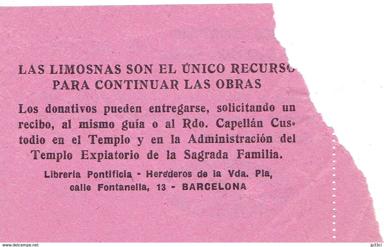 Ancien Ticket D'entrée Templo Expiatorio De La Sagrada Familia, Barcelone (années 1970) - Tickets D'entrée