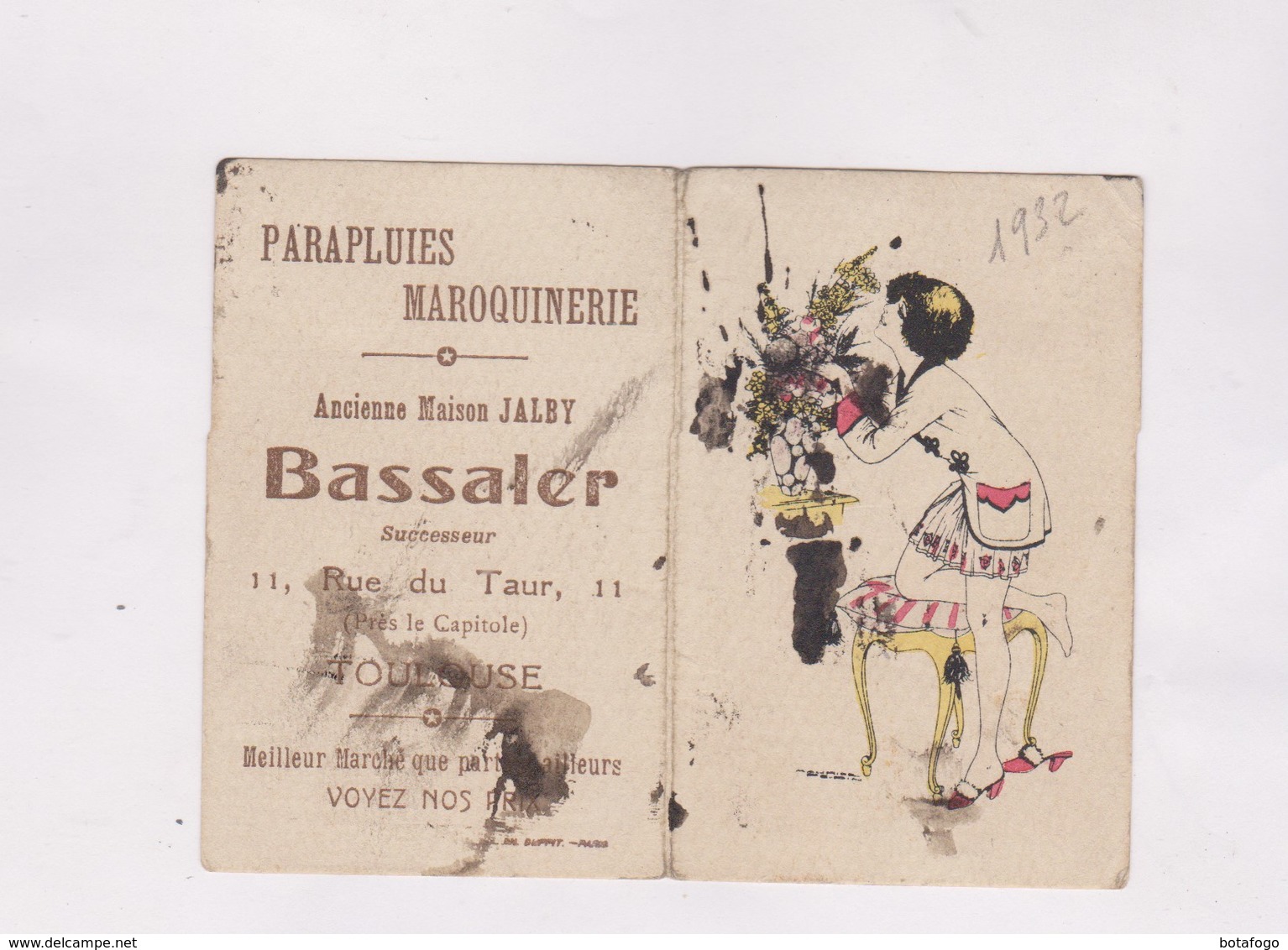 CALENDRIER 1932 , (en 2 Volets) MAISON BASSALER, PARAPLUIES , MAROQUINERIE A TOULOUSE - Petit Format : 1921-40