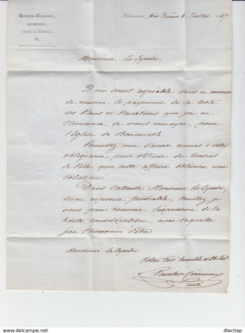 Sur LAC De Genève Pour Bonneville CAD Rouge Genève Juil. 1847. Au Verso Cachet Linéaire LUG. Taxe Manuscrite. (2305x) - Marcophilie