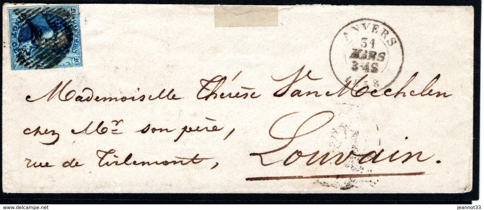 7 Sur ESC Expédiée Le 31 Mars 1858 D'Anvers à Destination De Louvain, Cachet D'arrivée Du Même Jour Au Verso. - 1851-1857 Médaillons (6/8)