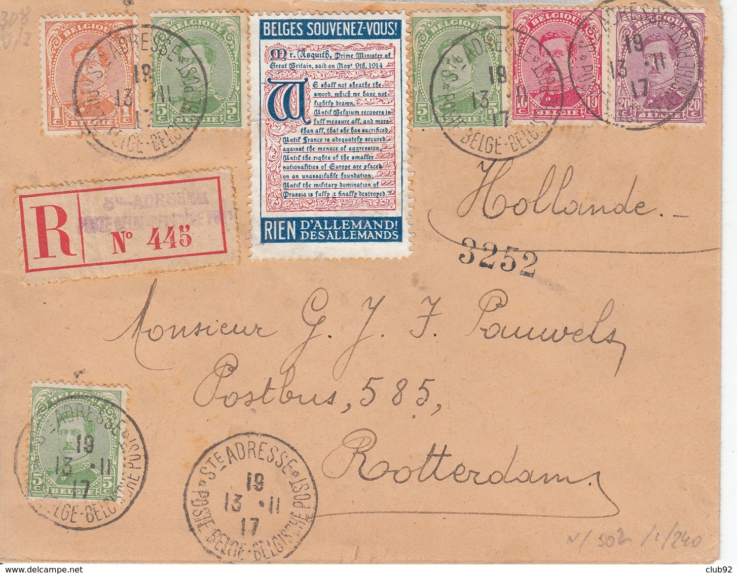 N° 135 + 137(3x) + 138+ 140+ Vignette / L. RECOMM De Sc  Ste Adresse / Poste Belge-BelgiePost / 13.11.17-> Rotterdam/ Ho - 1915-1920 Albert I