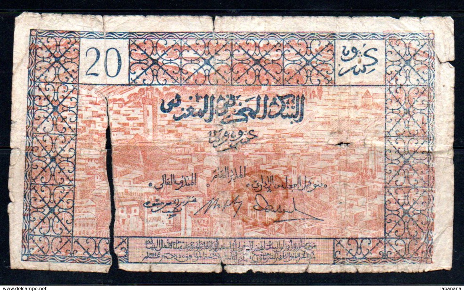 329-Maroc Billet De 20 Francs 1924 P387 Trés Usé - Marruecos