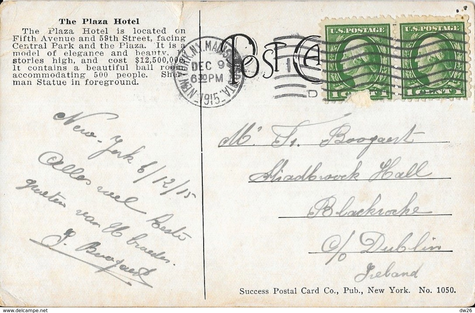 Manhatan - The Plaza Hotel, New York, 5th Avenue - Post Card N° 1050 - Manhattan