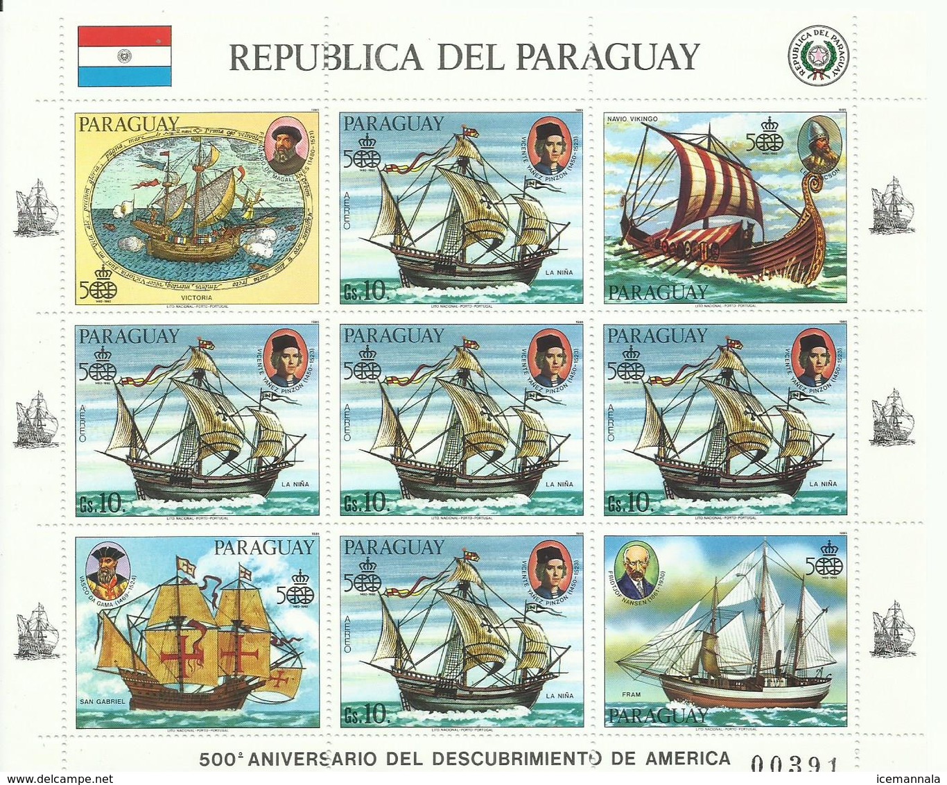 PARAGUAY  , HOJA BLOQUE  ANIVERSARIO  DESCUBRIMIENTO DE AMERICA  MNH  ** - Paraguay