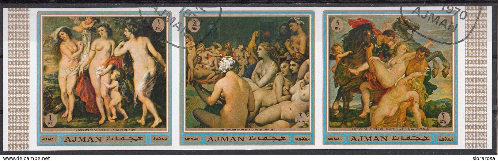 557 Ajman 1970 Striscia Strip Imperf.  Qudro Dipinto Rubens Ingres Mitologia Dioscuri Atena Rra Afrodite Paride - Ajman