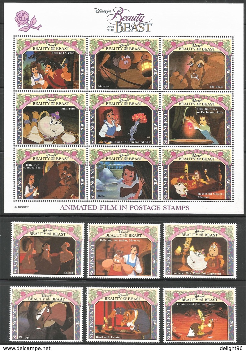 1992 St. Vincent Disney Movie: The Beauty And The Beast Set, Minisheets And Souvenir Sheets (** / MNH / UMM) - Disney