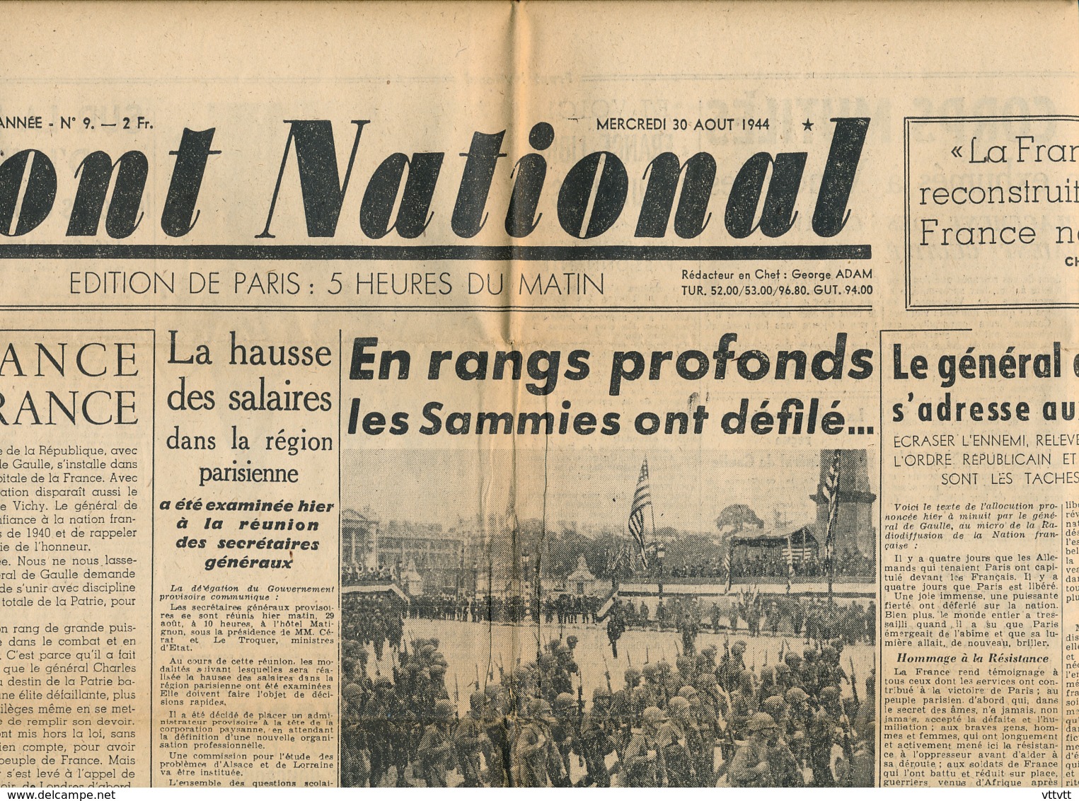 FRONT NATIONAL, N° 9, Mercredi 30 Août 1944, De Gaulle, Vincennes, Reich, Soissons, Rouen, La Concorde, Epuration... - Autres & Non Classés