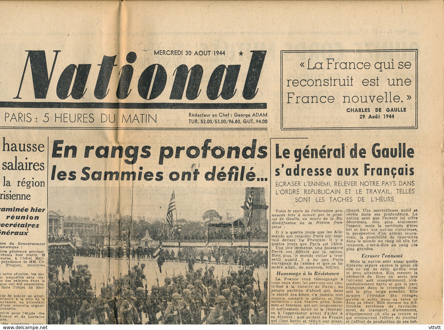 FRONT NATIONAL, N° 9, Mercredi 30 Août 1944, De Gaulle, Vincennes, Reich, Soissons, Rouen, La Concorde, Epuration... - Autres & Non Classés