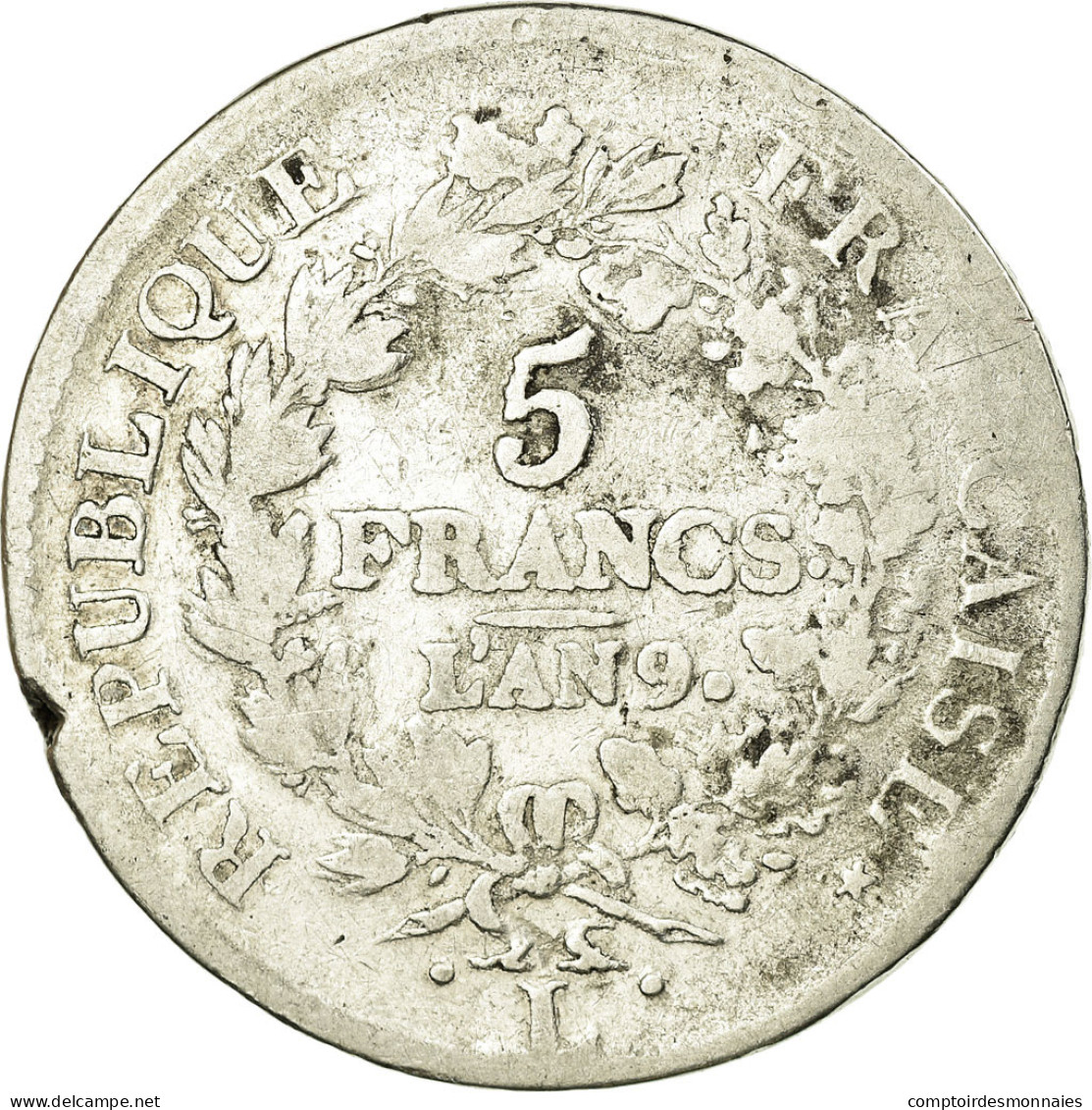 Monnaie, France, Union Et Force, 5 Francs, AN 9, Bayonne, B+, Argent - J. 5 Francs