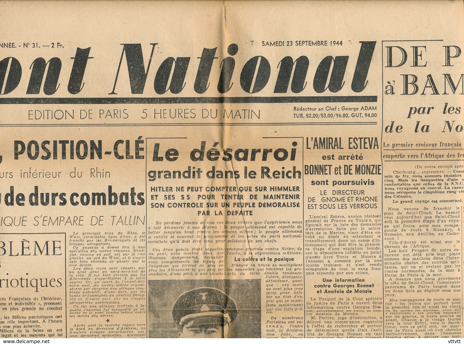 FRONT NATIONAL, N° 31, Samedi 23 Septembre 1944, Arnheim, Himmler, Hitler, Tallin, René Cassin, Esteva, Marché Noir... - Autres & Non Classés