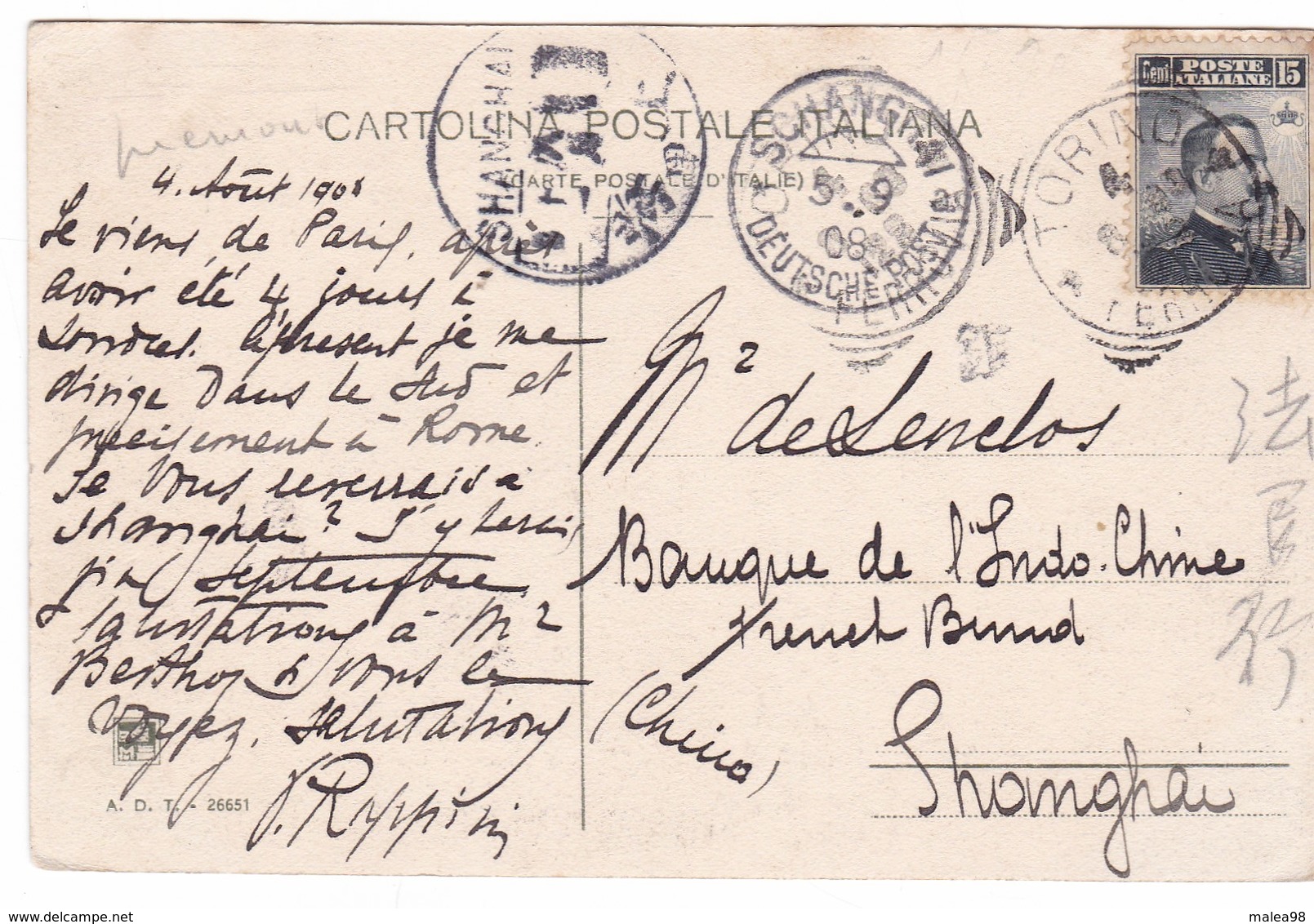 ITALIE ,,TORINO , GIARDINO Di  PLAZZA CARLO FELICE E  VIA  ROMA,, , CACHET DE SHANGHAI   DEUTSCHE POST  1908 - Piazze