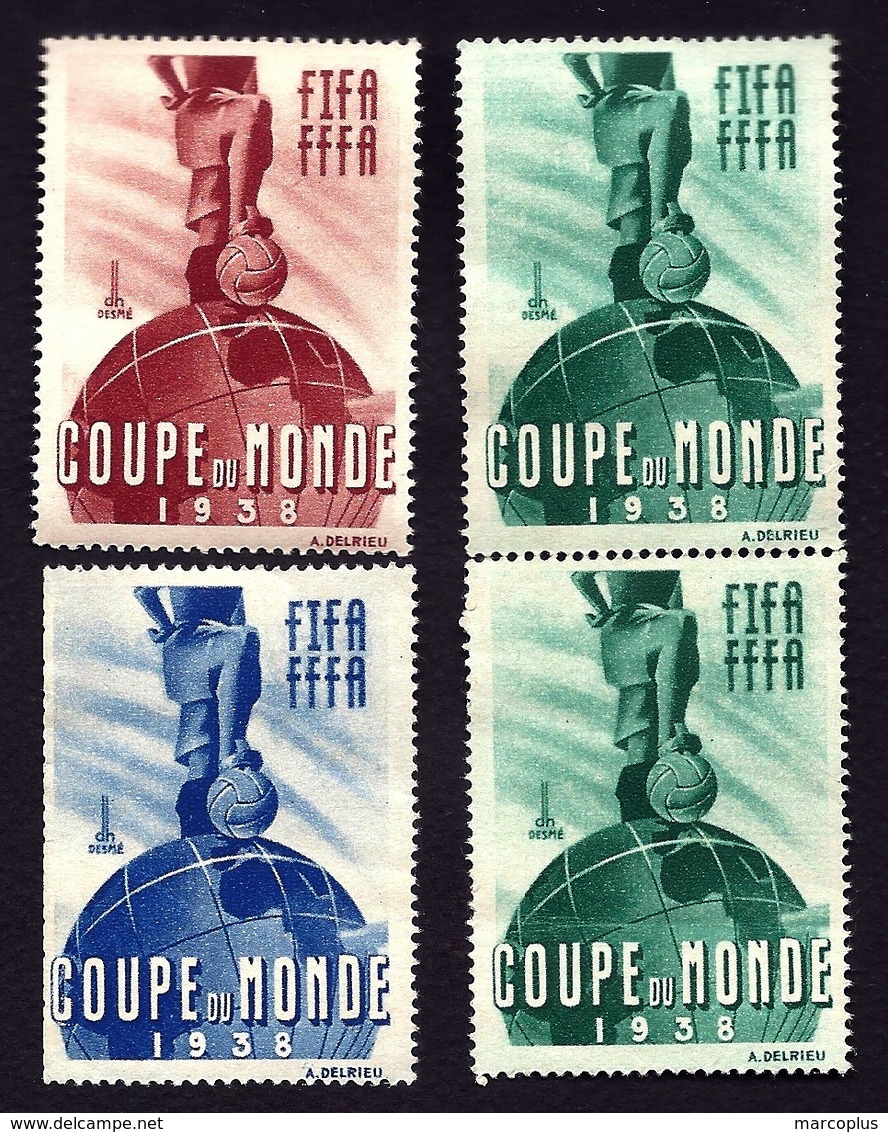 CP9- RARISSIME LOT DE 4 VIGNETTES 3 TEINTES DONT PAIRE DE LA COUPE DU MONDE DE FOOT 1938- NEUVES** SANS CHARNIÈRES- - Sports