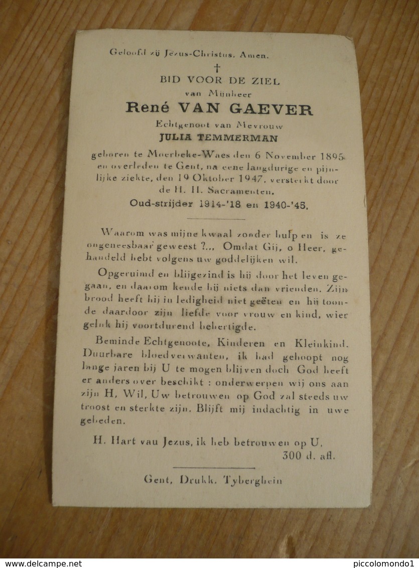 Moerbeke Waas Gent René Van Gaever Oud Strijder - Devotieprenten