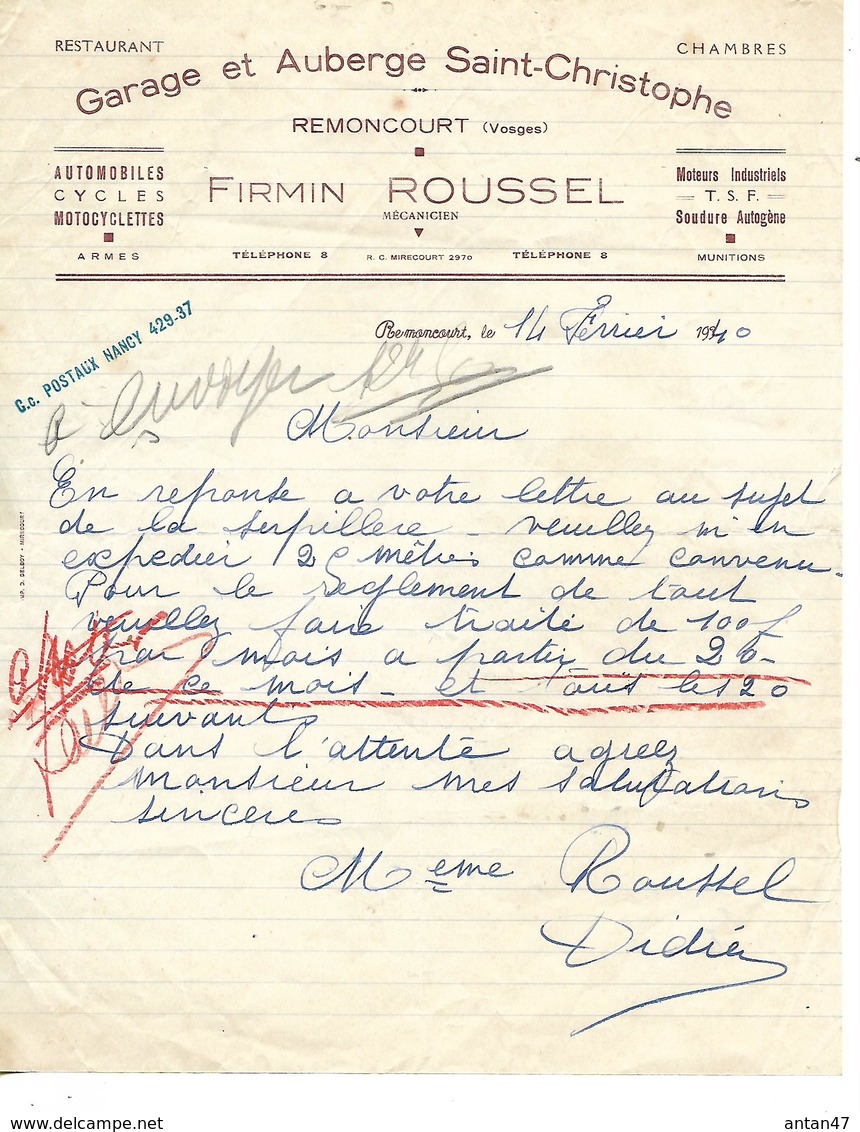 Lettre 1940 / 88 REMONCOURT / F ROUSSEL / Garage Et Auberge Saint Christophe - 1900 – 1949