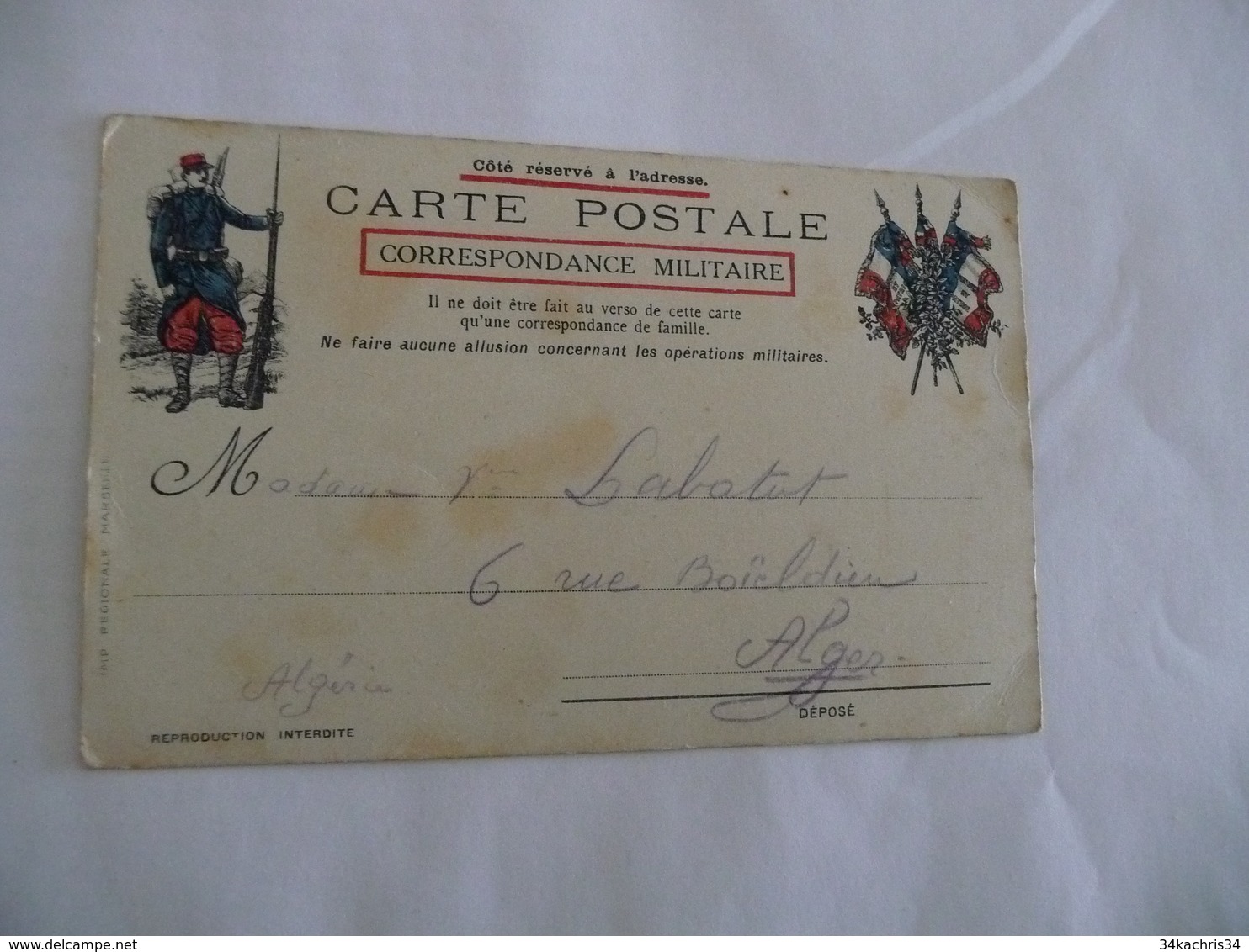 CPFM Carte Postale En Franchise Militaire France Illustrée Drapeaux Soldat Pour L'Algérie Alger 1914 - Briefe U. Dokumente