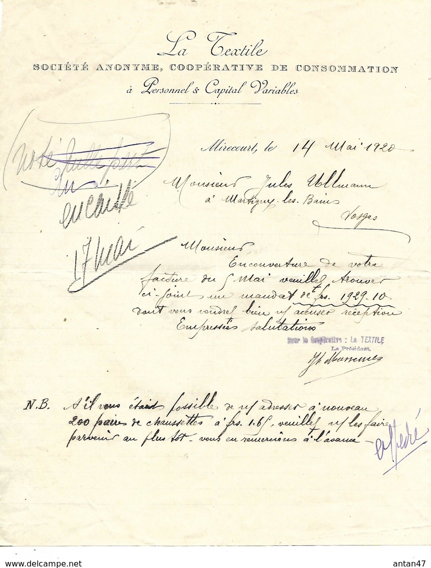 2 Lettres 1920 / 88 MIRECOURT / LA TEXTILE / Société Coopérative De Consommation - 1900 – 1949