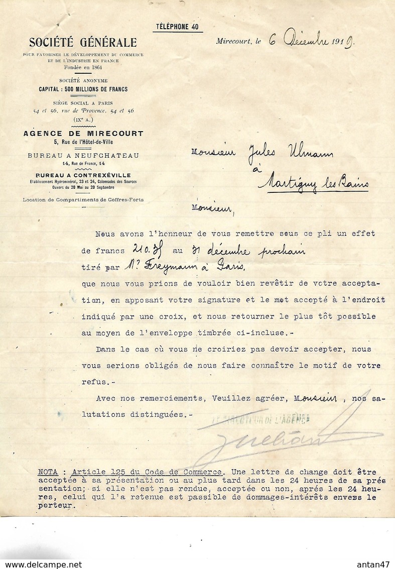 3 Lettres 1919-23-68 / 88 MIRECOURT / NEUFCHATEAU / SOCIETE GENERALE / Courrier à A PERRIN, J. ULMANN, C PICARD - 1900 – 1949