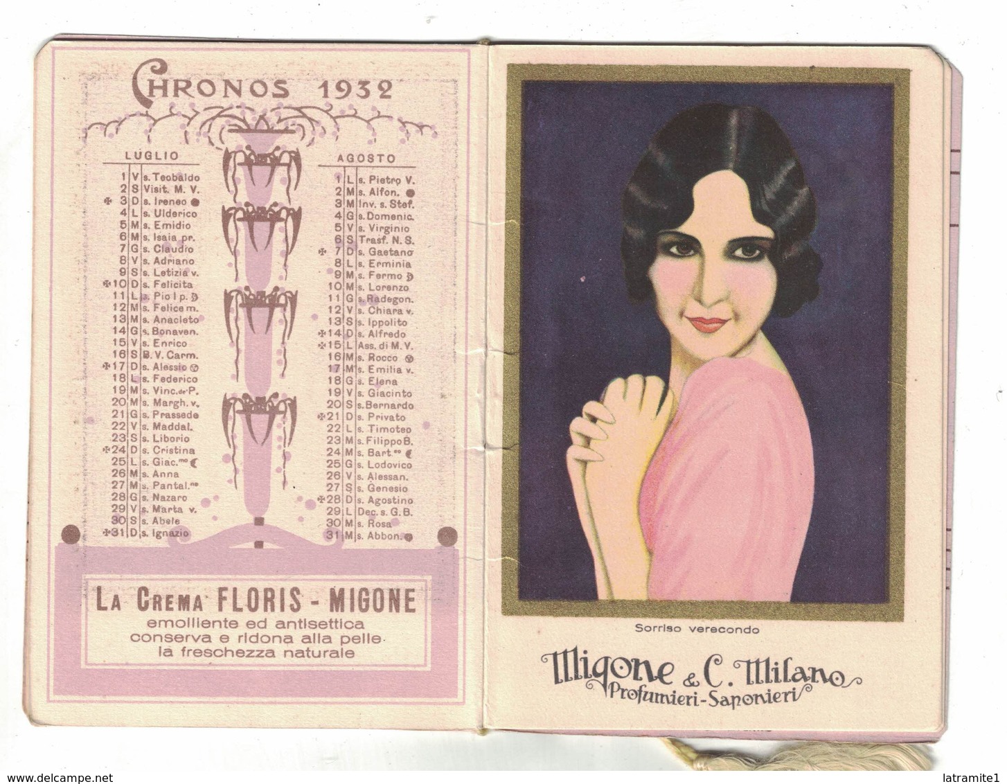 CALENDARIETTO  CHRONOS MIGONE  1932  SORRISI - Altri & Non Classificati