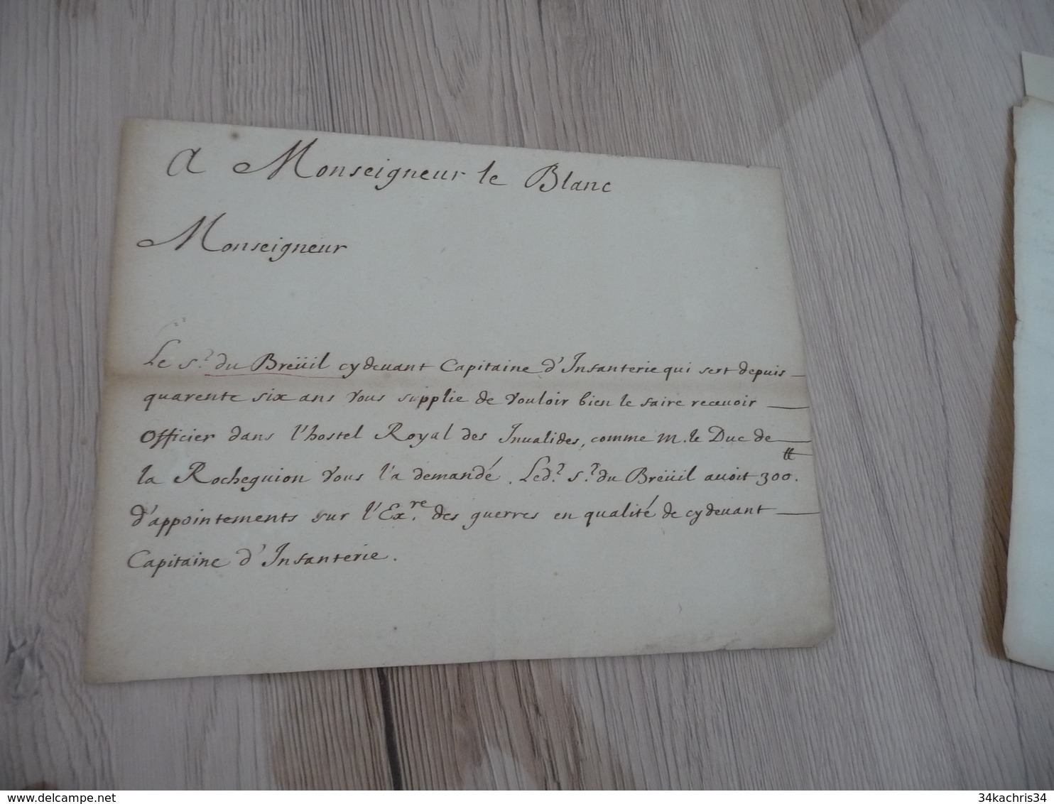 Pièce Signée Sur Papier Demande De Breuil à Monseigneu Le Blanc Pour Admission Hôtel Des Invalides Officier D'Infanterie - Dokumente