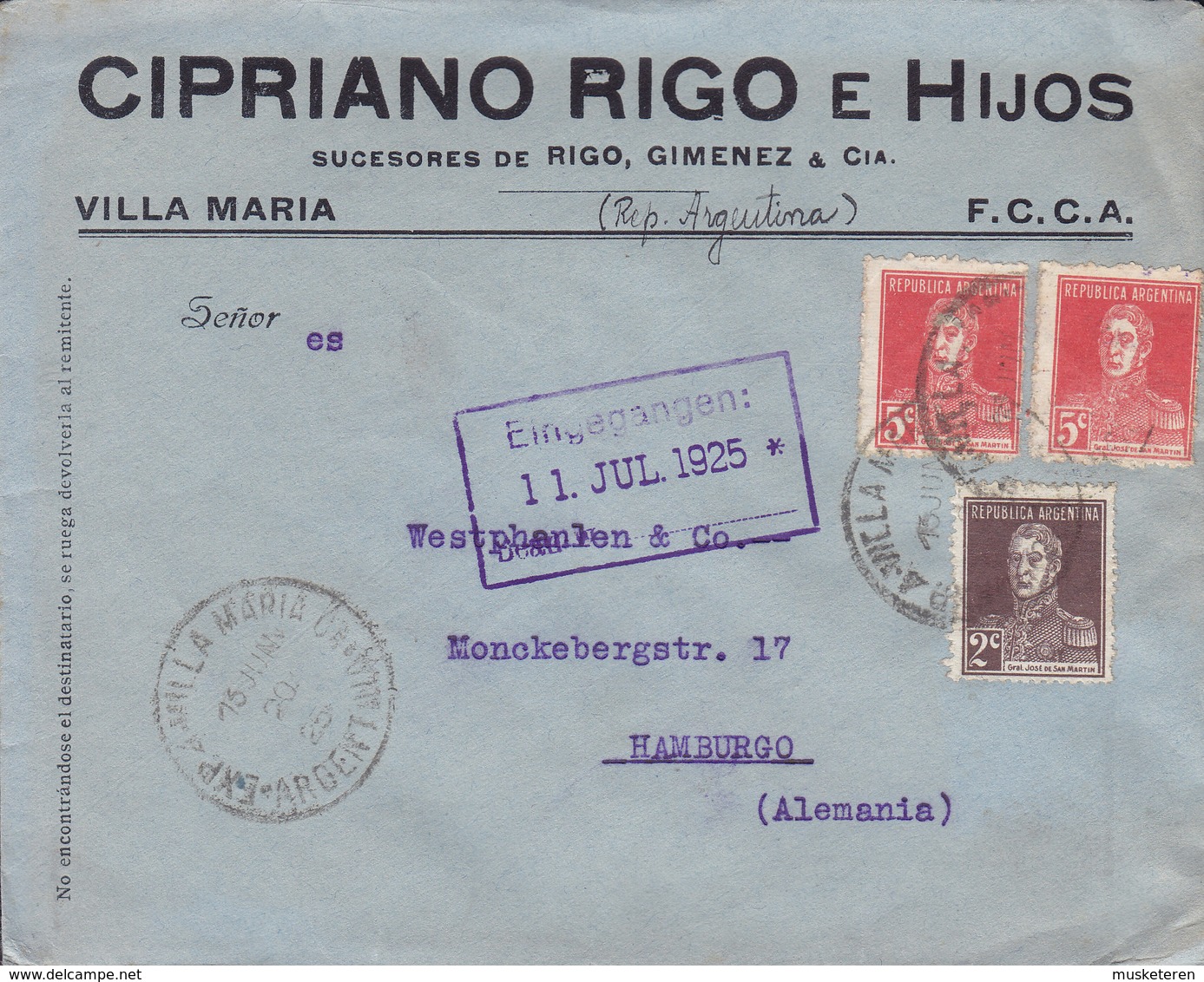 Argentina CIPRIANO ROGO E HIJOS Succ. De Rigo, Giminez & Cia VILLA MARIA 1925 Cover Letra HAMBURG Germany 3x San Martin - Briefe U. Dokumente