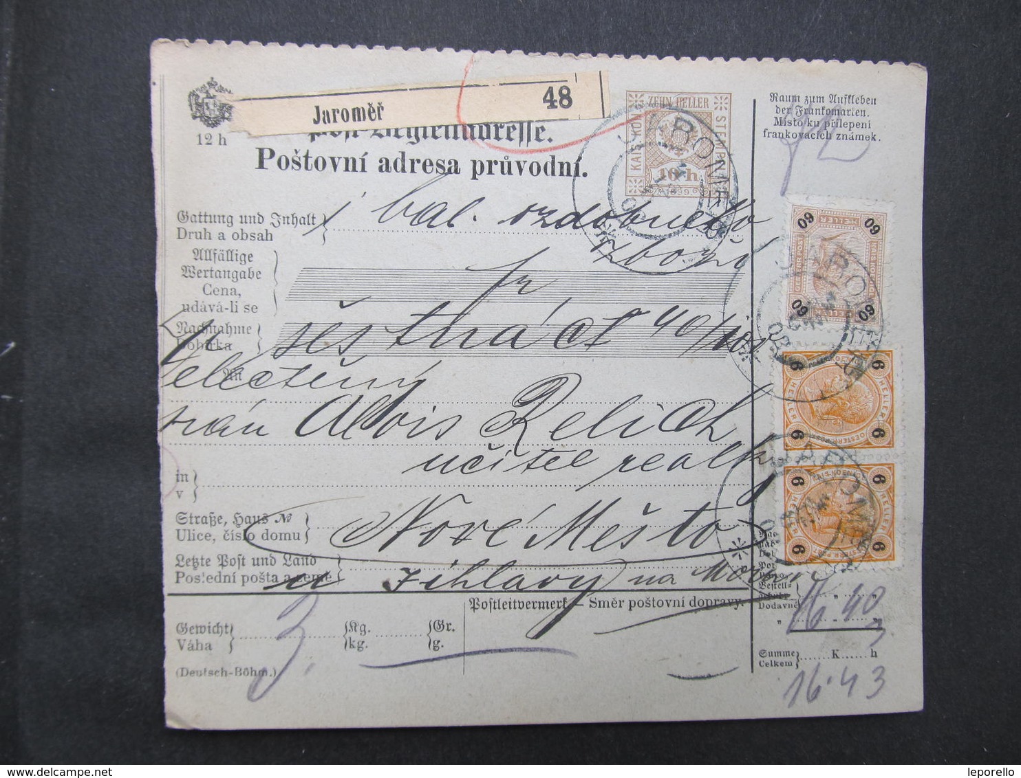 Postbegleitadresse Jaromer - Nove Mesto 1902 Paketschein  // D*38544 - Briefe U. Dokumente