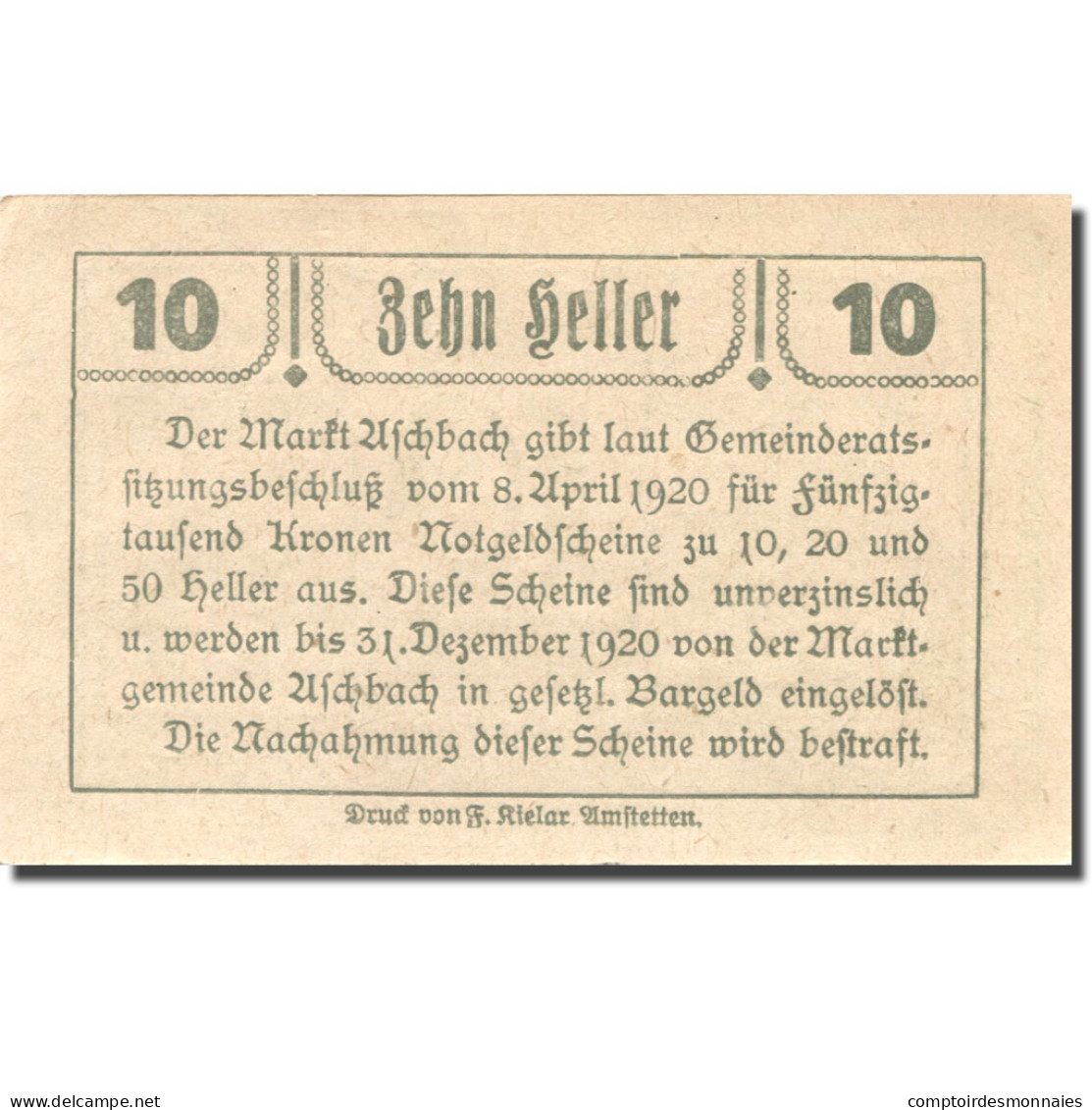 Billet, Autriche, Aschbach, 10 Heller, Eglise 1920-12-31, SPL Mehl:FS 55c - Autriche