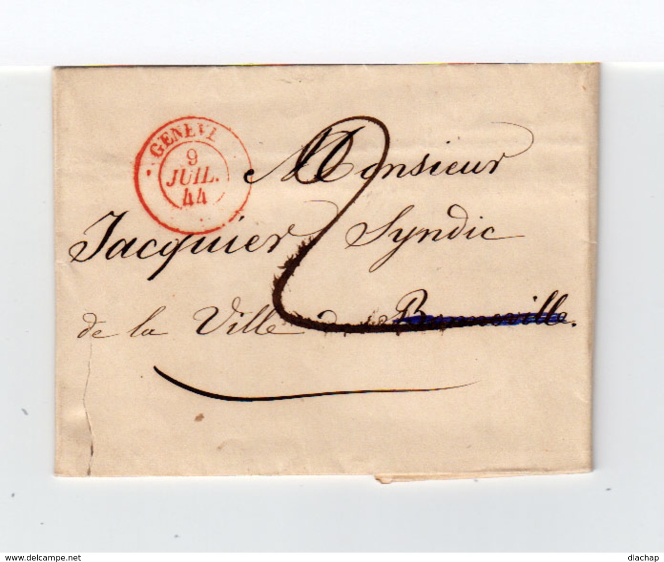 Sur LAC De Genève Pour Bonneville CAD Rouge Genève Juil. 1944. Marque Linéaire LUG 9 Au Verso. Taxe Manuscrite. (2308x) - Marcophilie